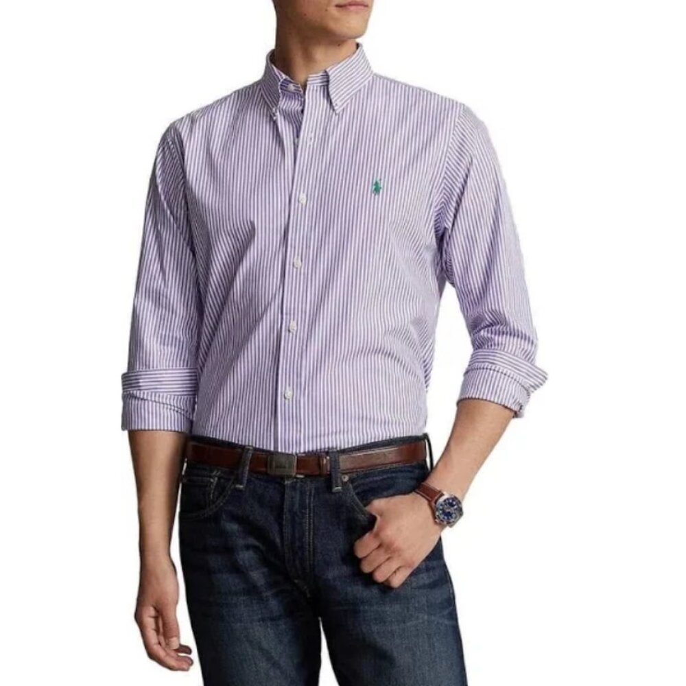 Ralph Lauren Men's Purple White Striped Classic Fit Button Down Shirt Medium
